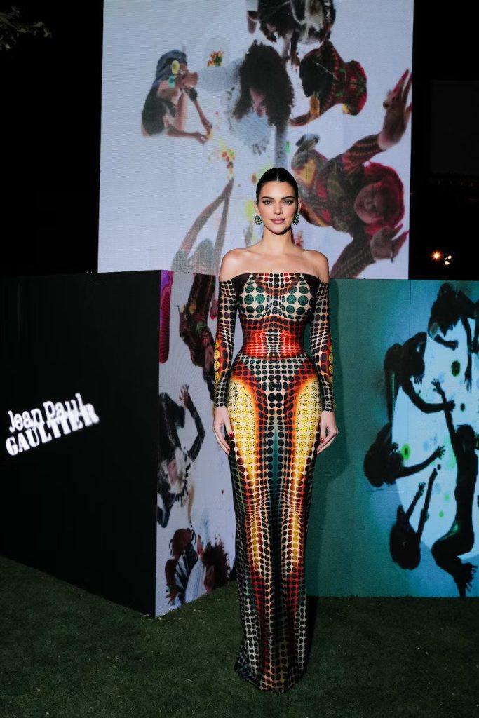 Kendall Jenner FWRD wearing jean paul gaulthier op art dress