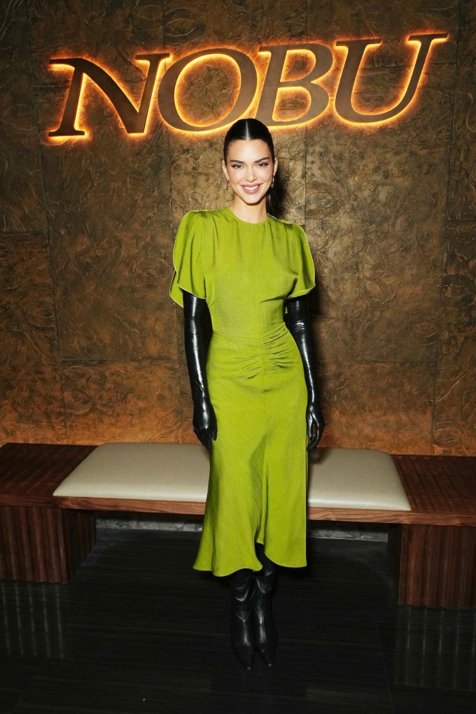 Kendall Jenner Wore Black Latex Opera Gloves With a Chartreuse Dress
