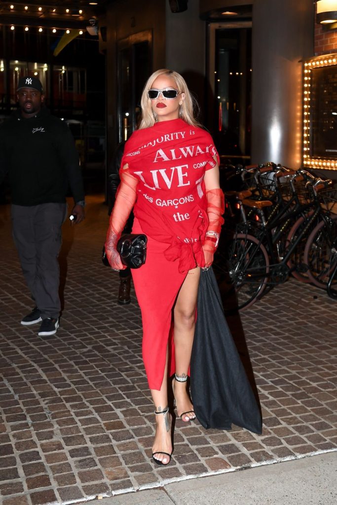 Rihanna in red monochromatic ensemble