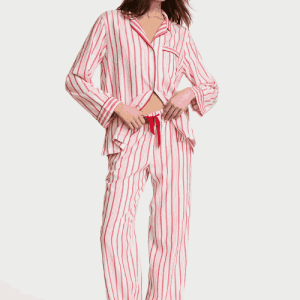 Kennidy is 5'11" and wears S/Long Victoria's Secret, Victoria's Secret Flannel Long Pajama Set, CANDY CANE STRIPES, digitalOffModelFront, 3 of 4 Victoria's Secret, Victoria's Secret Flannel Long Pajama Set, CANDY CANE STRIPES, detail, 4 of 4 Victoria's Secret Flannel Long Pajama Set