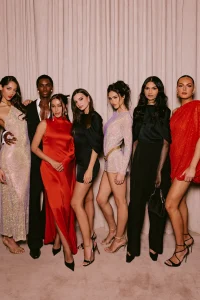 Image may contain Barbara Carrera Emily Ratajkowski Anitta Groupshot Person Adult Clothing Dress Wedding and Face