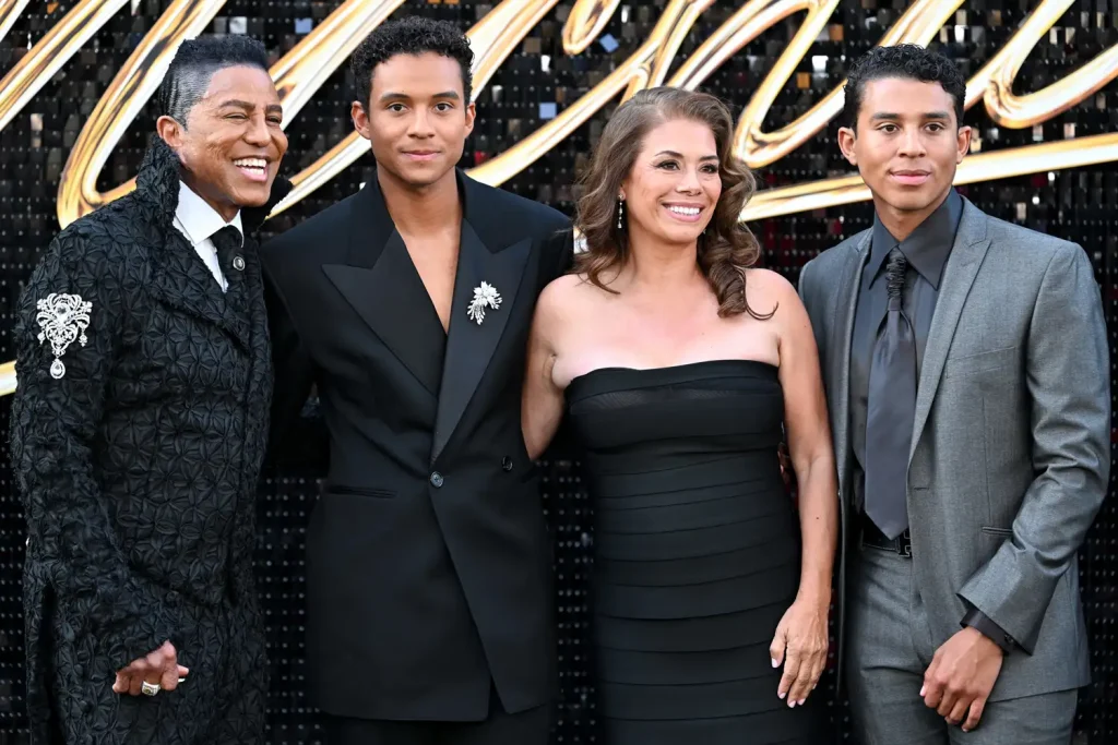 Jermaine Jackson, Jaafar Jackson, Alejandra Genevieve Oaziaza and Jermajesty Jackson at the "Michael" Premiere on April 20, 2026 in Los Angeles, California.